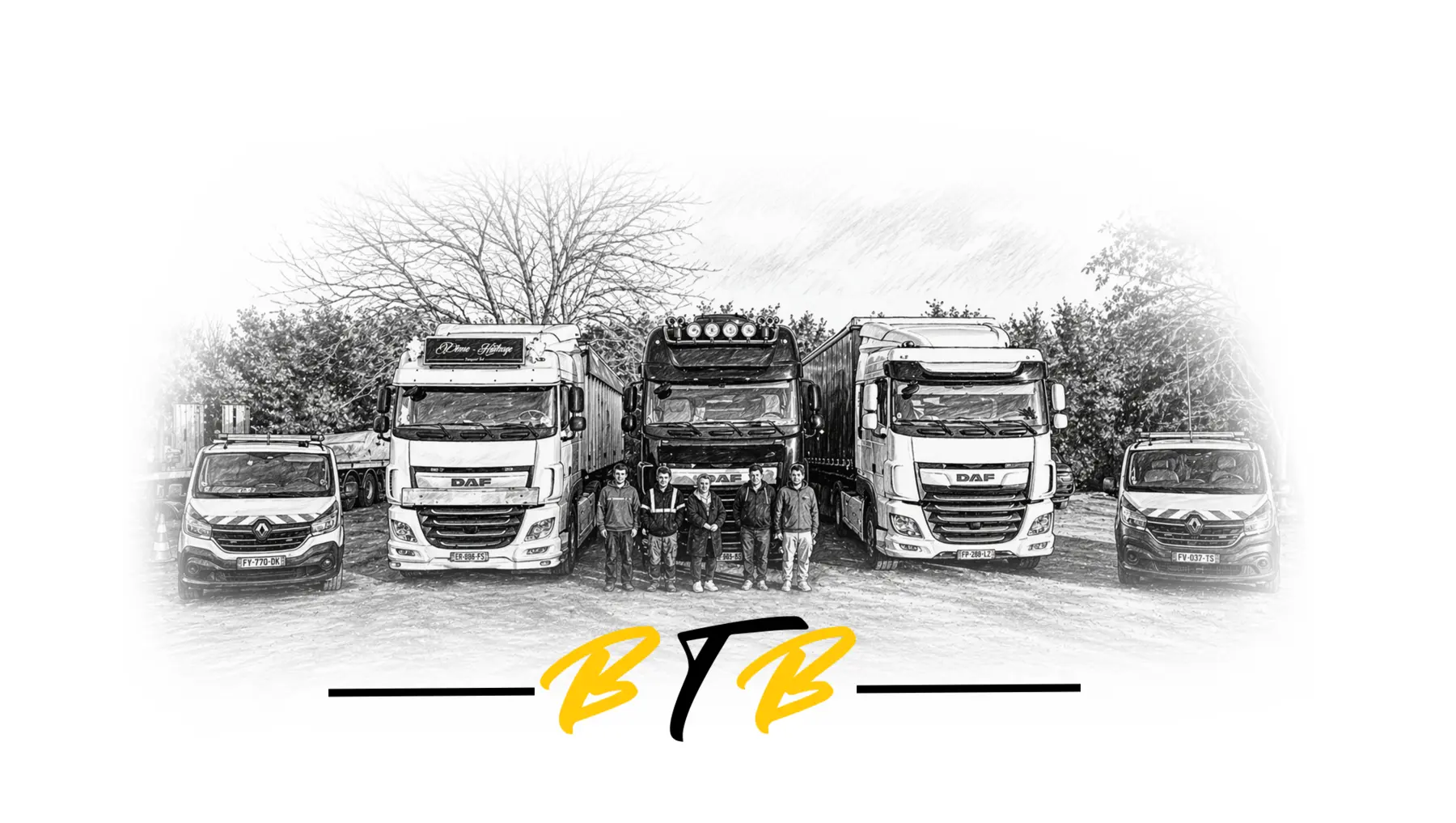 La flotte et l’équipe de Transports BTB en noir et blanc